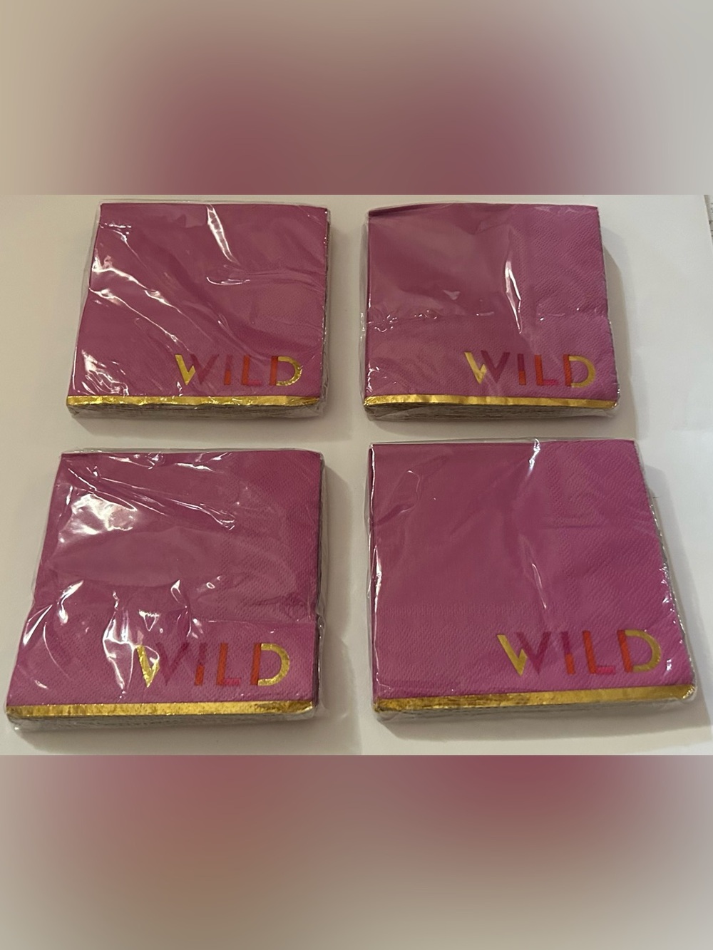 New 80 Mauve Paper Beverage Napkins WILD on Front 5” x 5” Gold Rim made Vietnam
